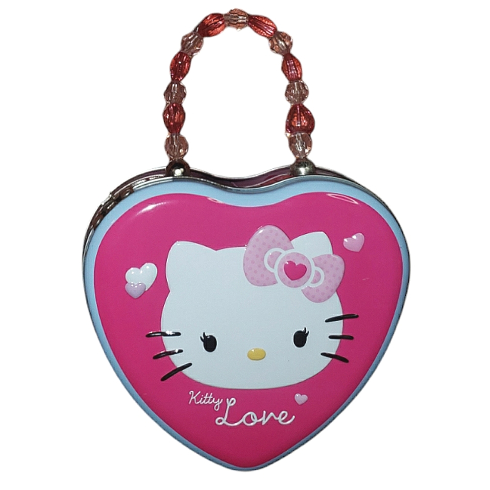 Hello Kitty Love Embossed Tin Heart Bead Handle Container Purse Collectable Toy